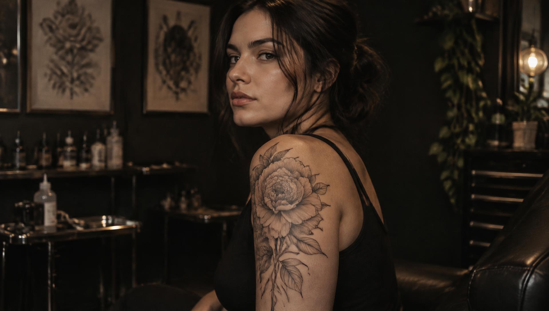 Tätowierte Frau mit feiner Pfingstrosen-Tattoo am Oberarm in einem dunklen Atelier