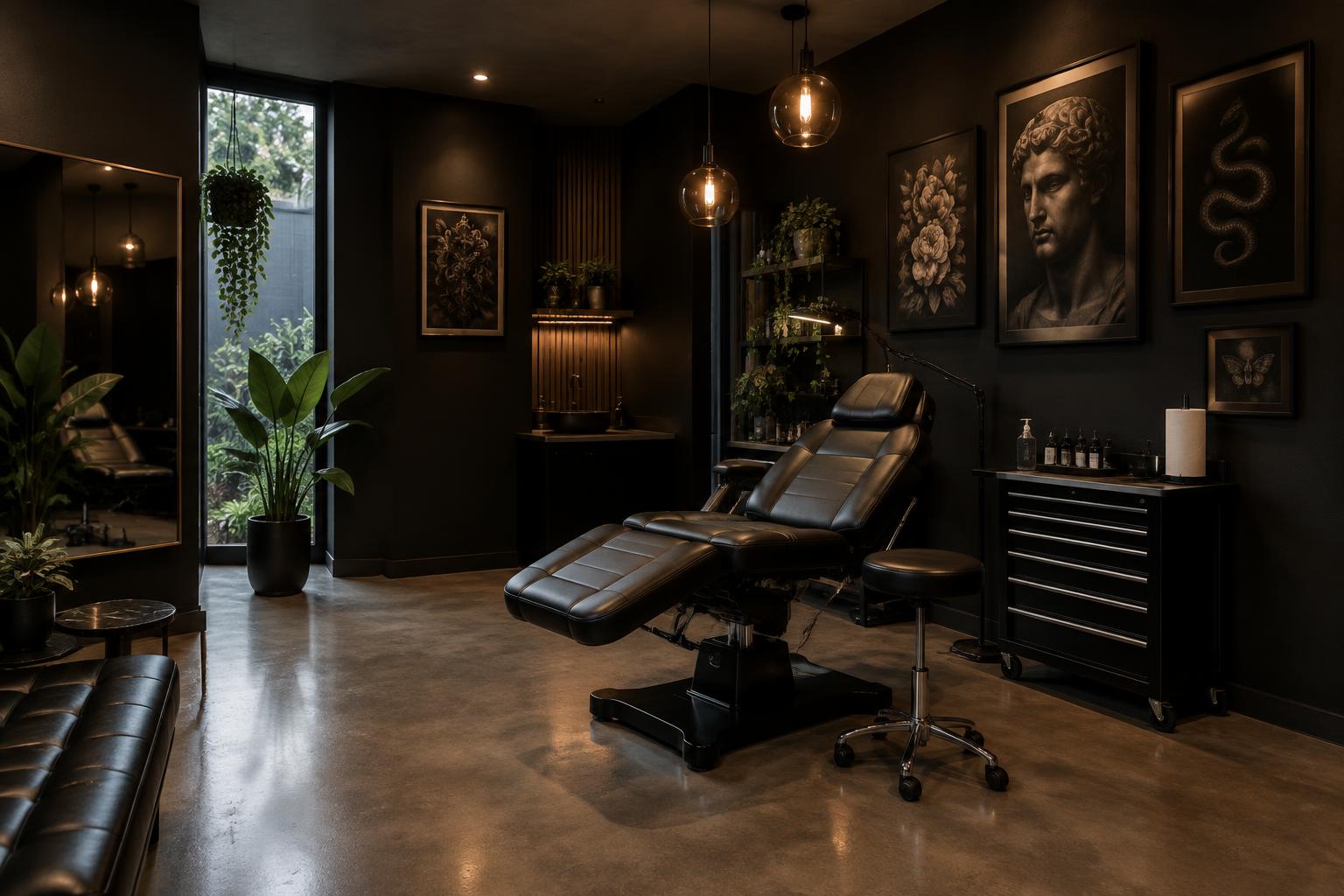 Dunkles, modernes Studio-Interieur mit Tattoo-Liege